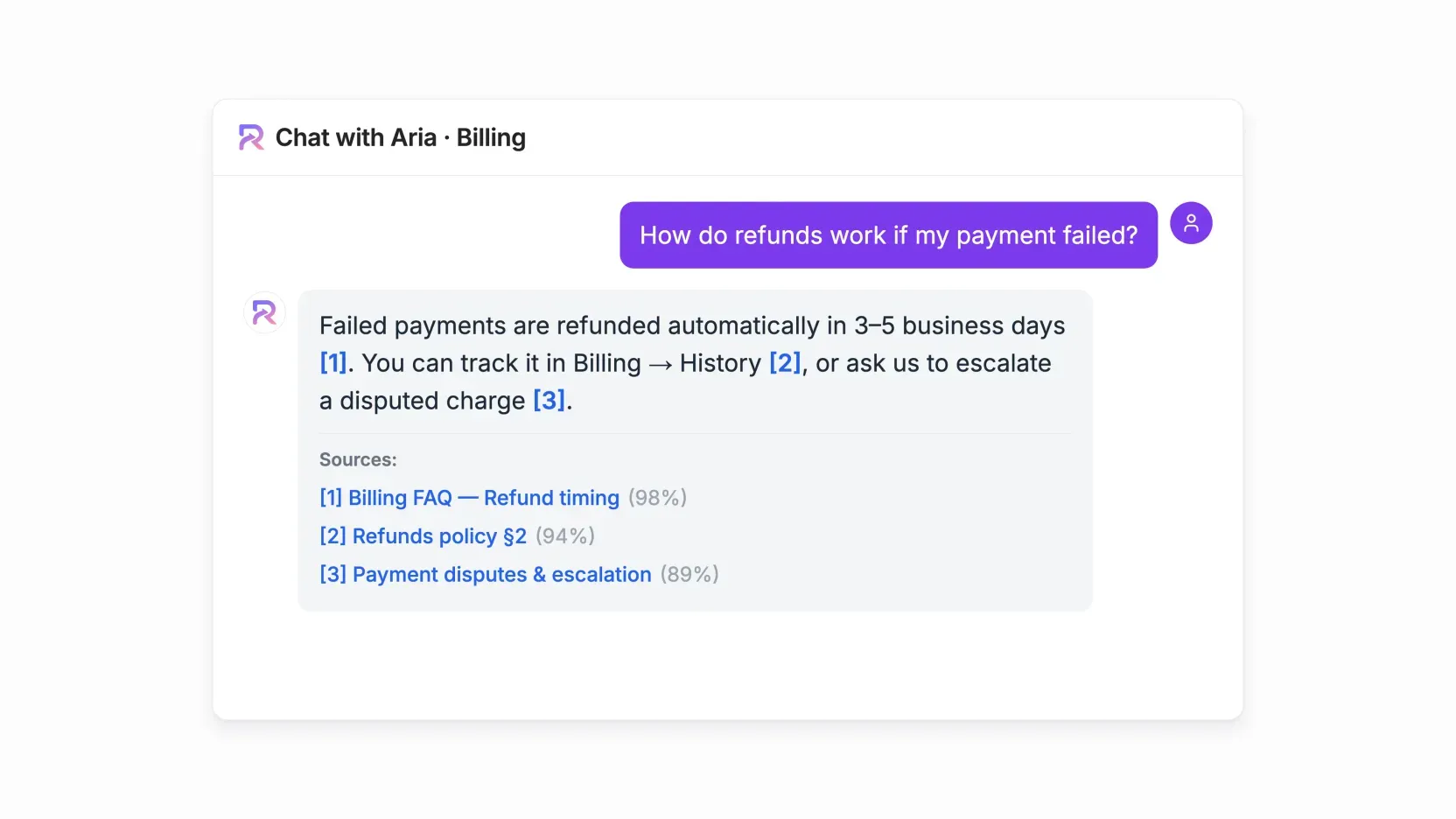 The agent answering a billing question and citing three knowledge-base sources with confidence scores